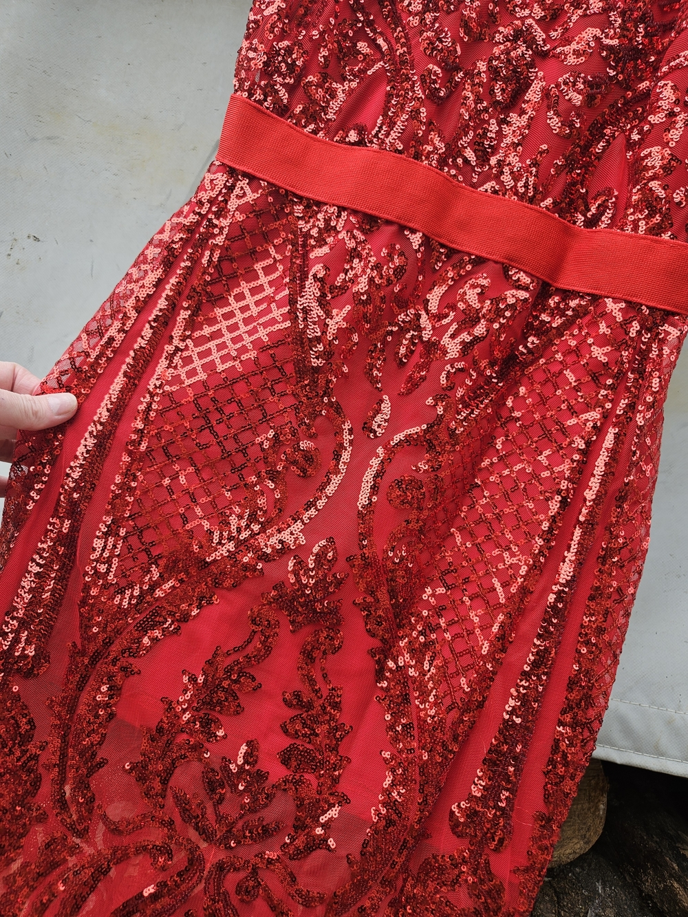 Red Sequined MARILYN Wiggle Prom Dress with Waistband Pencil Style S/M